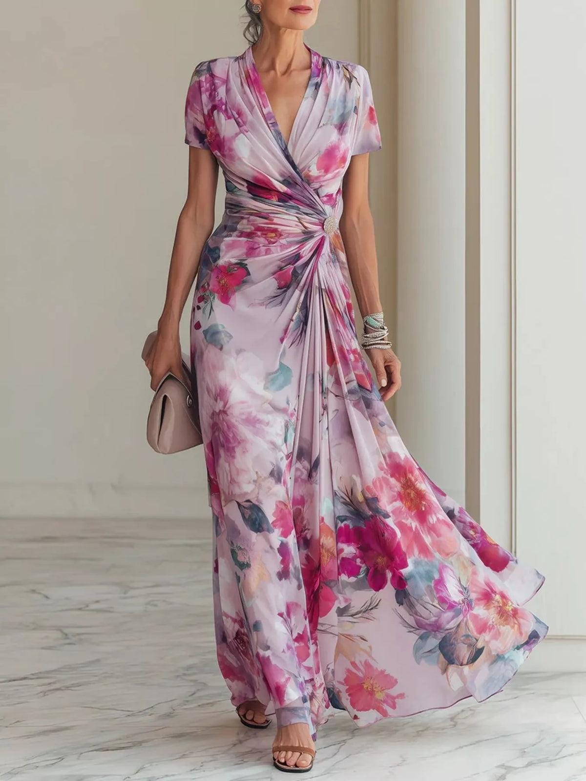 Floral Print Ruched Maxi Dress in Moonlit Mauve