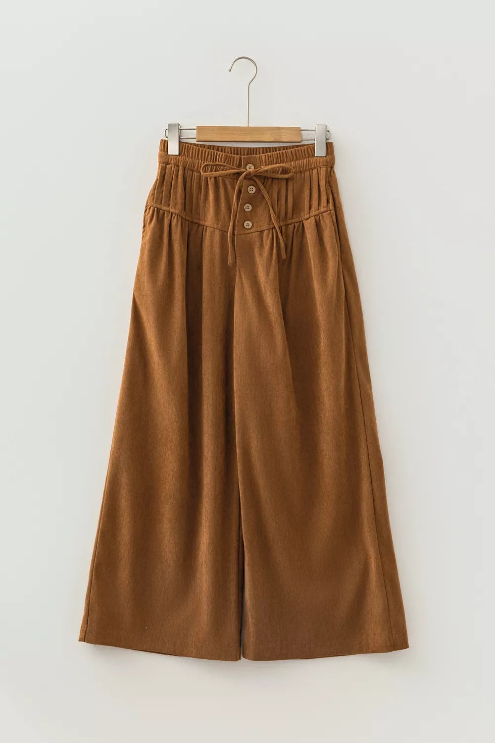 Button-Placket Wide Leg Ankle Pants in Camel