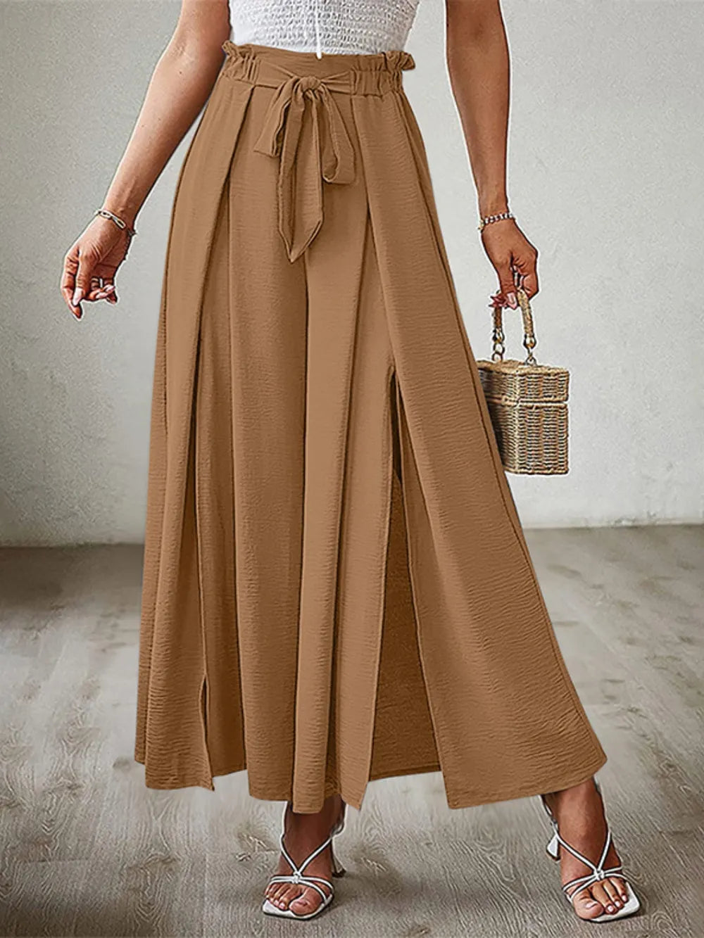 Wide Leg Pants with Tie and Slit