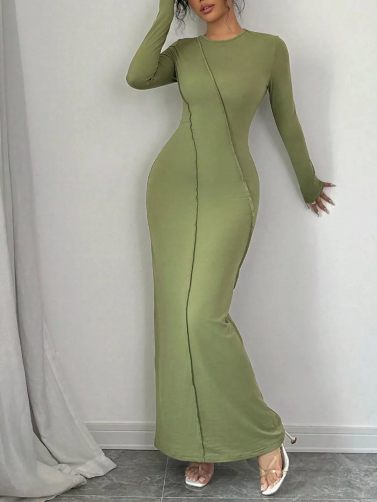 Exposed Seam Long Sleeve Maxi Dress in Green by Calliope