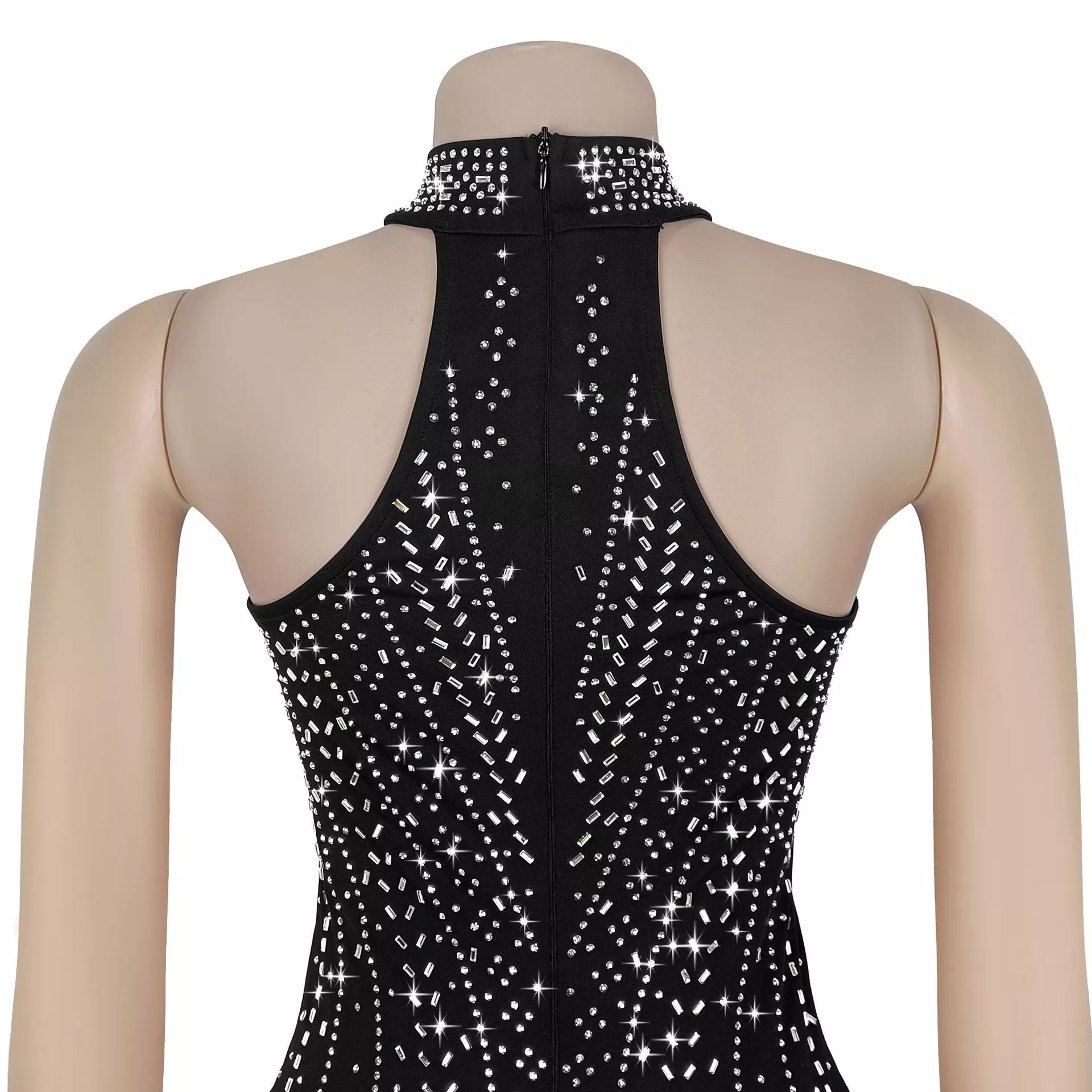 Sparkling Rhinestone Cutout Jumpsuit in Black