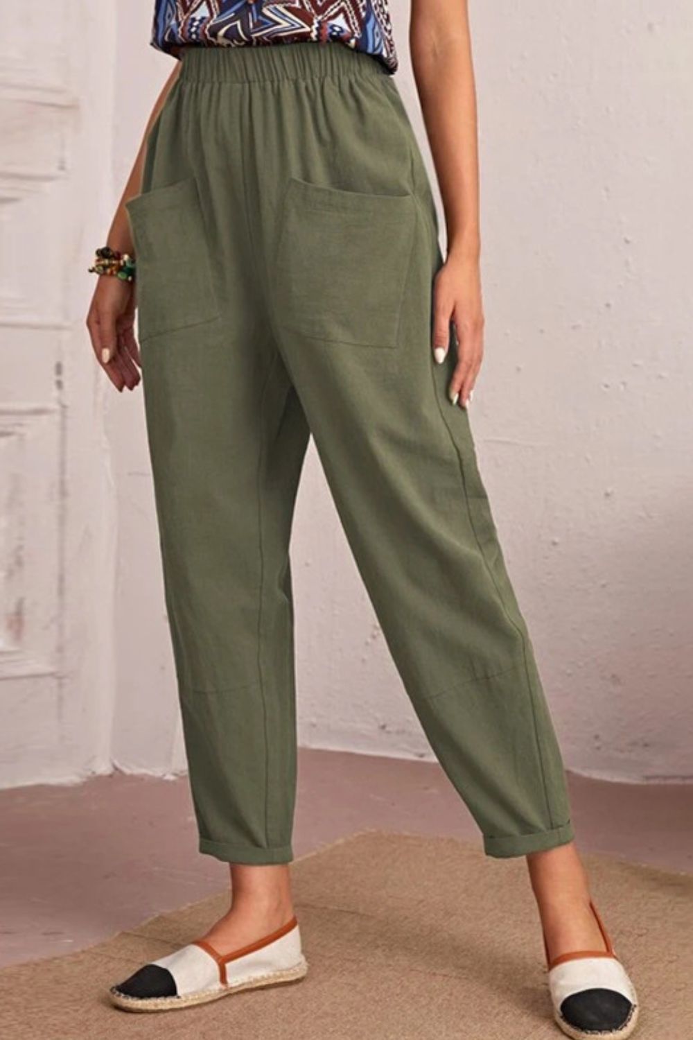 Elastic Waist Tapered Pants with Pockets