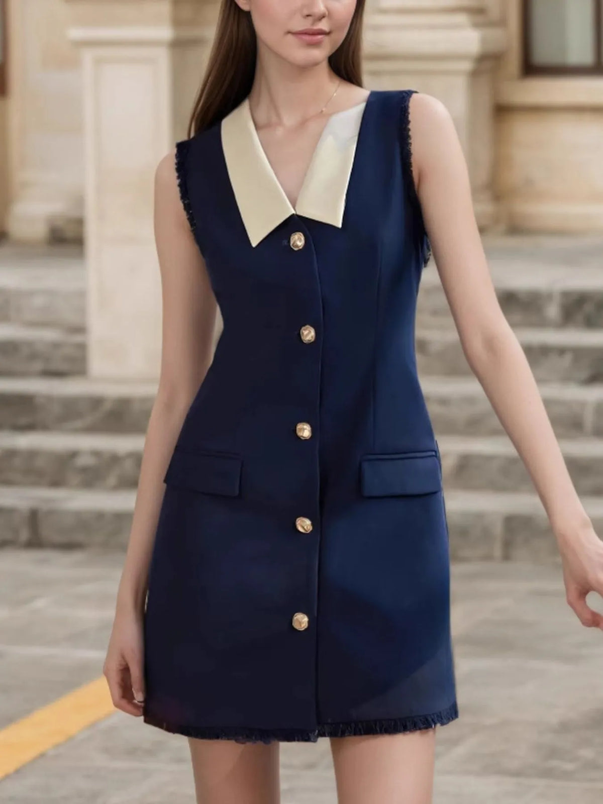 Contrast Collar Button-Front Mini Dress in Dark Blue