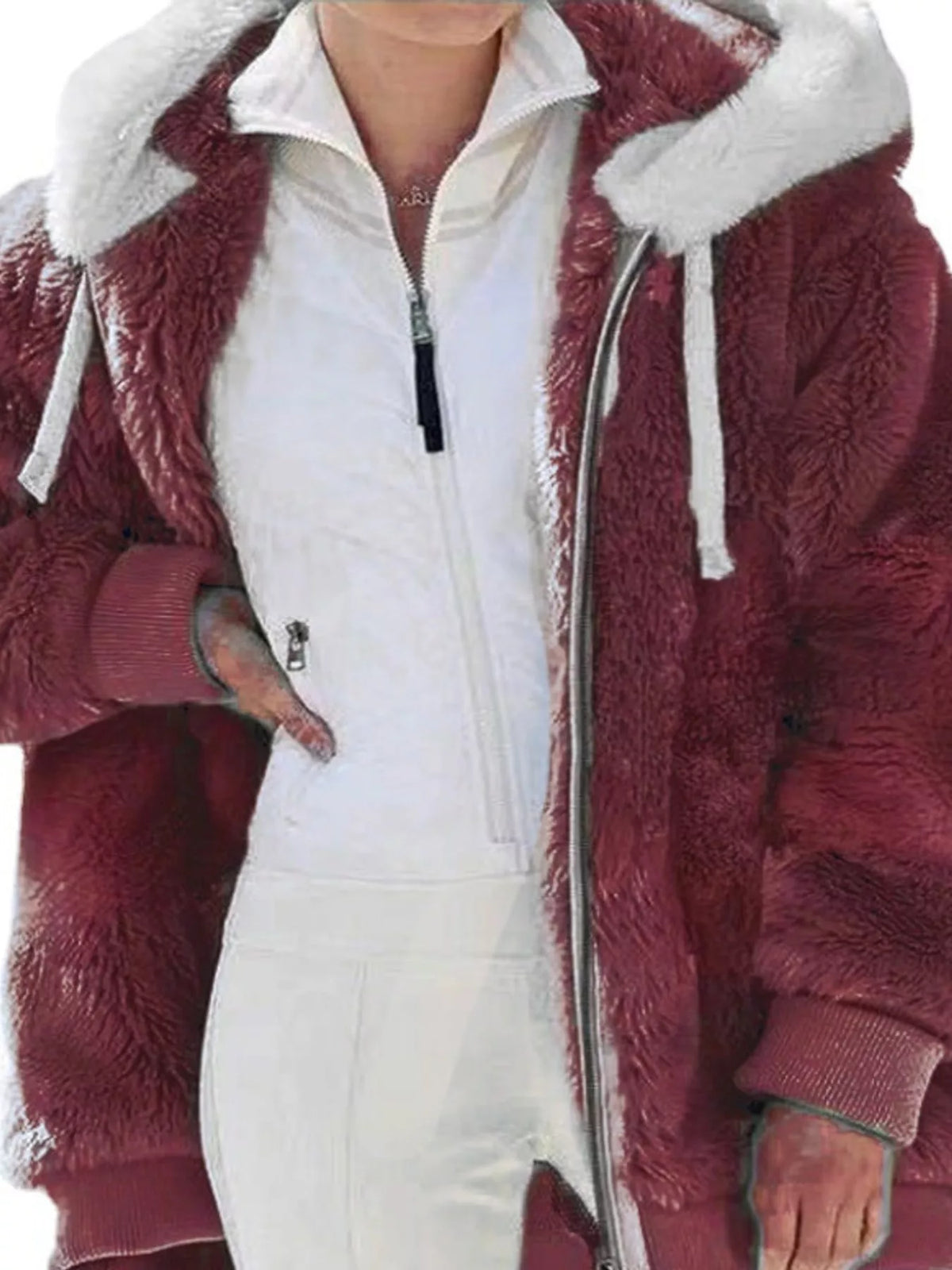 Faux Fur Hooded Zip-Up Jacket in White