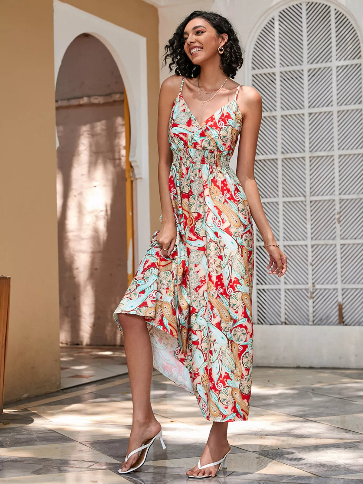 Floral Spaghetti Strap Midi Dress in Scarlet
