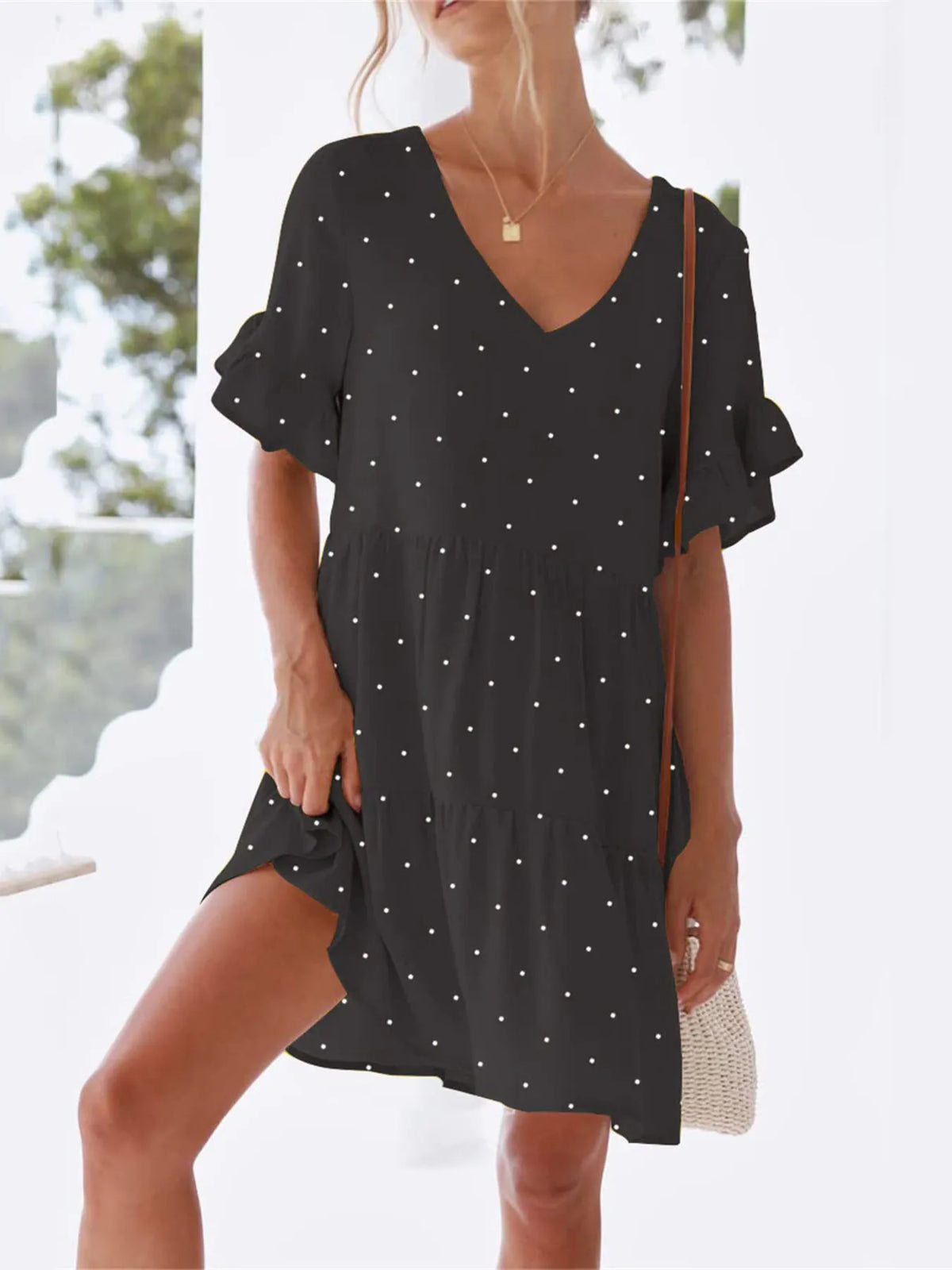 Polka Dot V-Neck Tiered Mini Dress