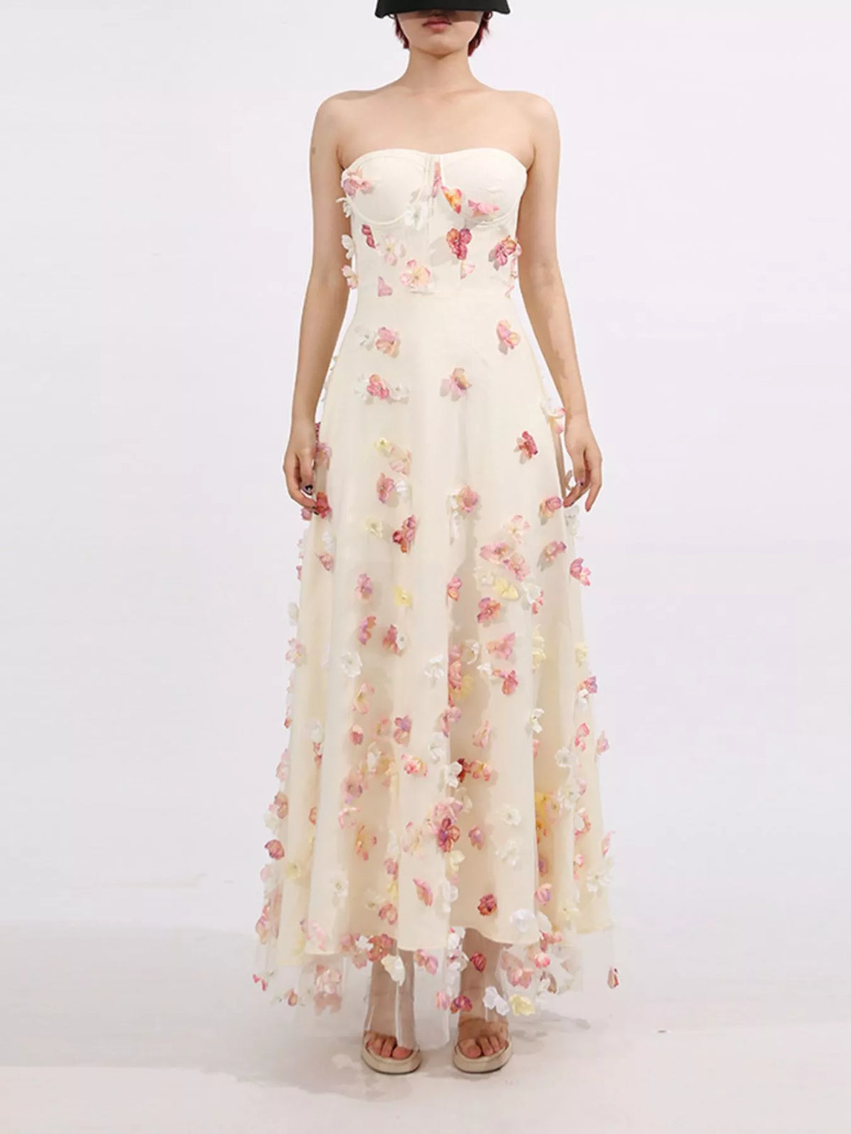 Floral Applique Tulle Maxi Dress in Apricot