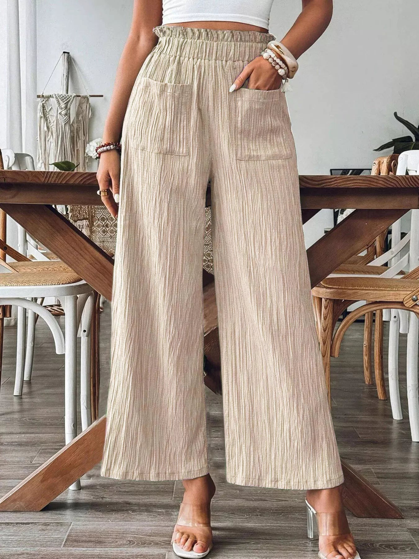 Ruched Frill Wide Leg Pants
