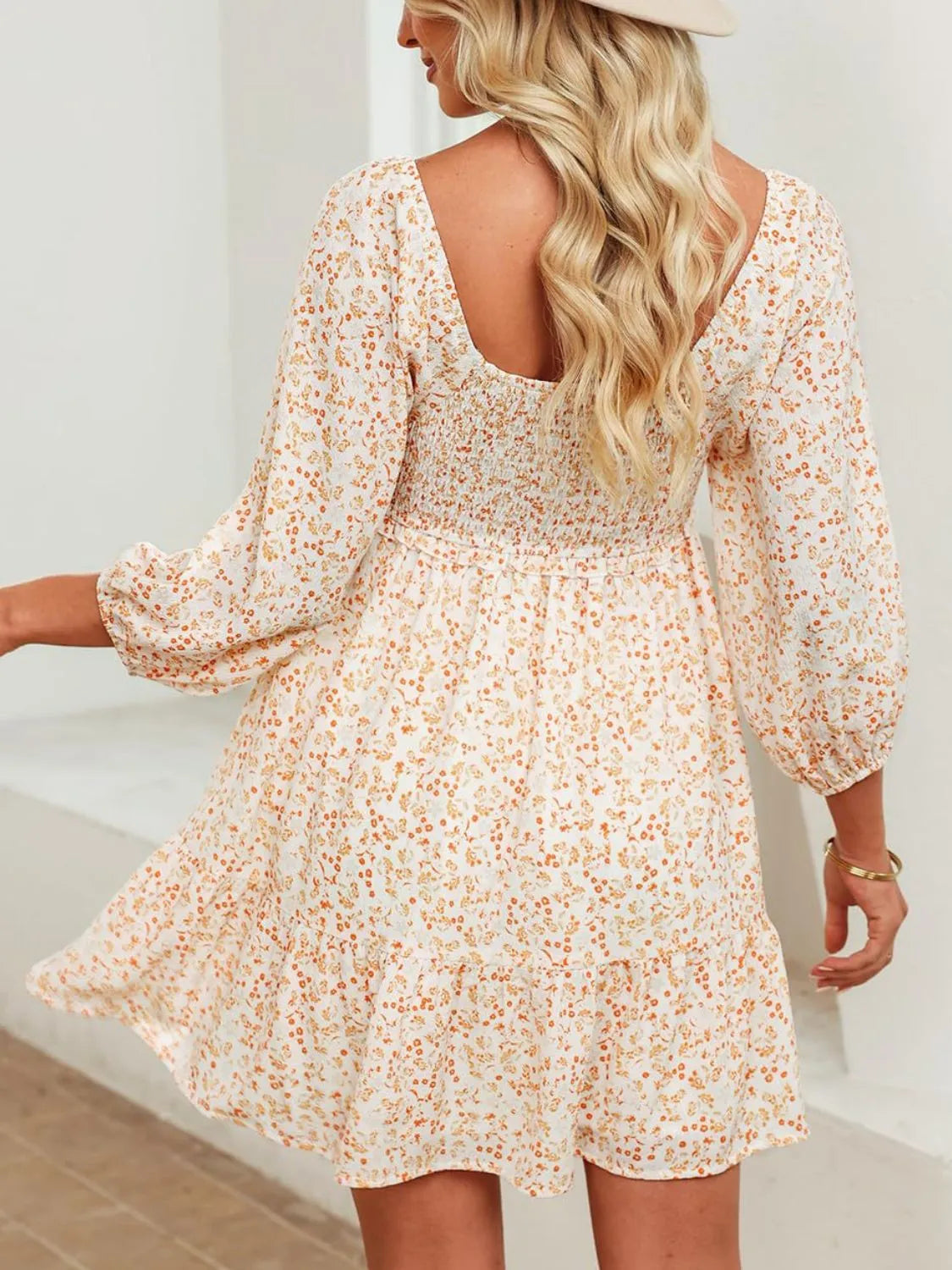 Smocked Floral Square Neck Dress in Apricot