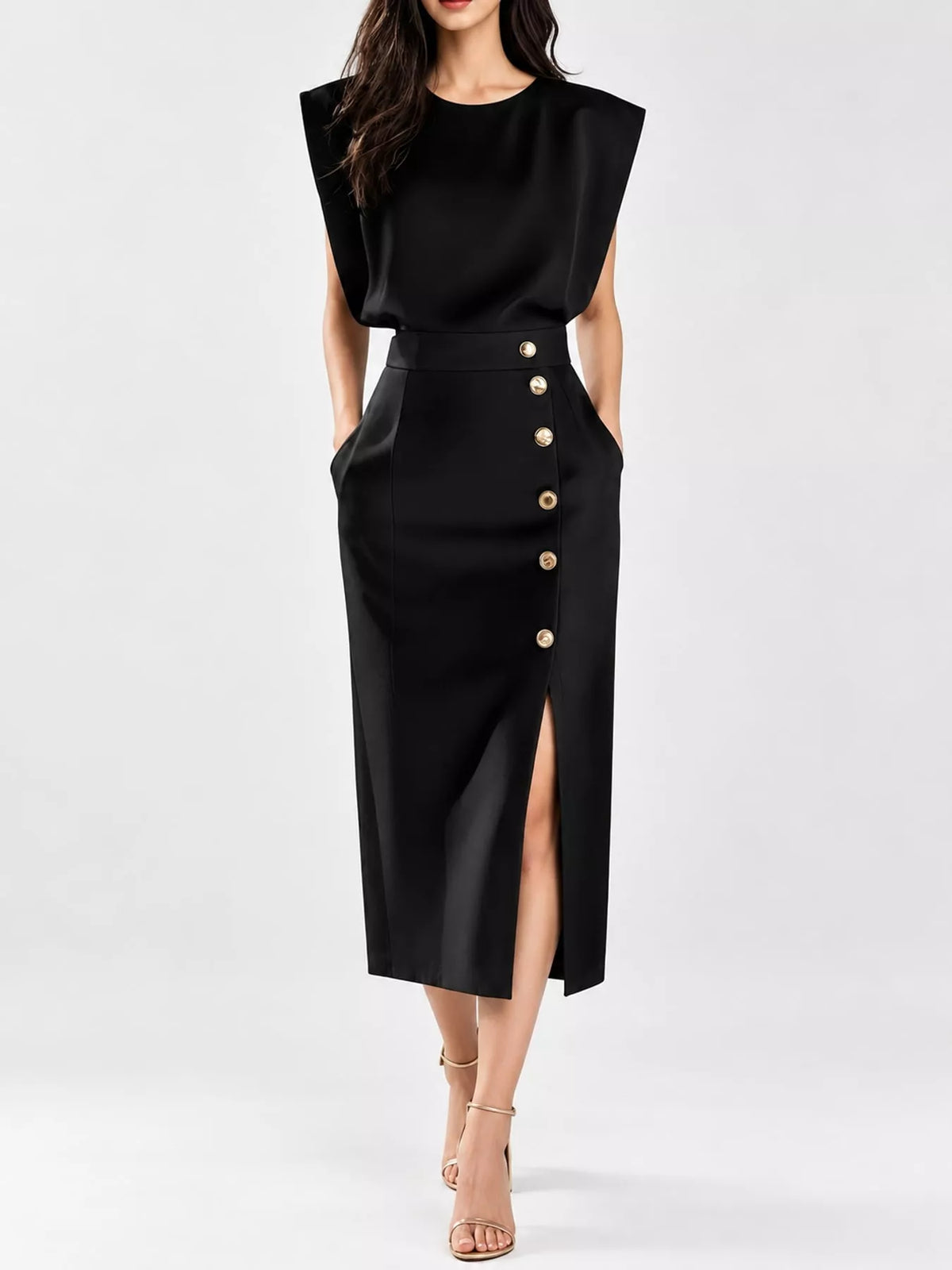 Sleeveless Midi Dress with Gold Button Detail