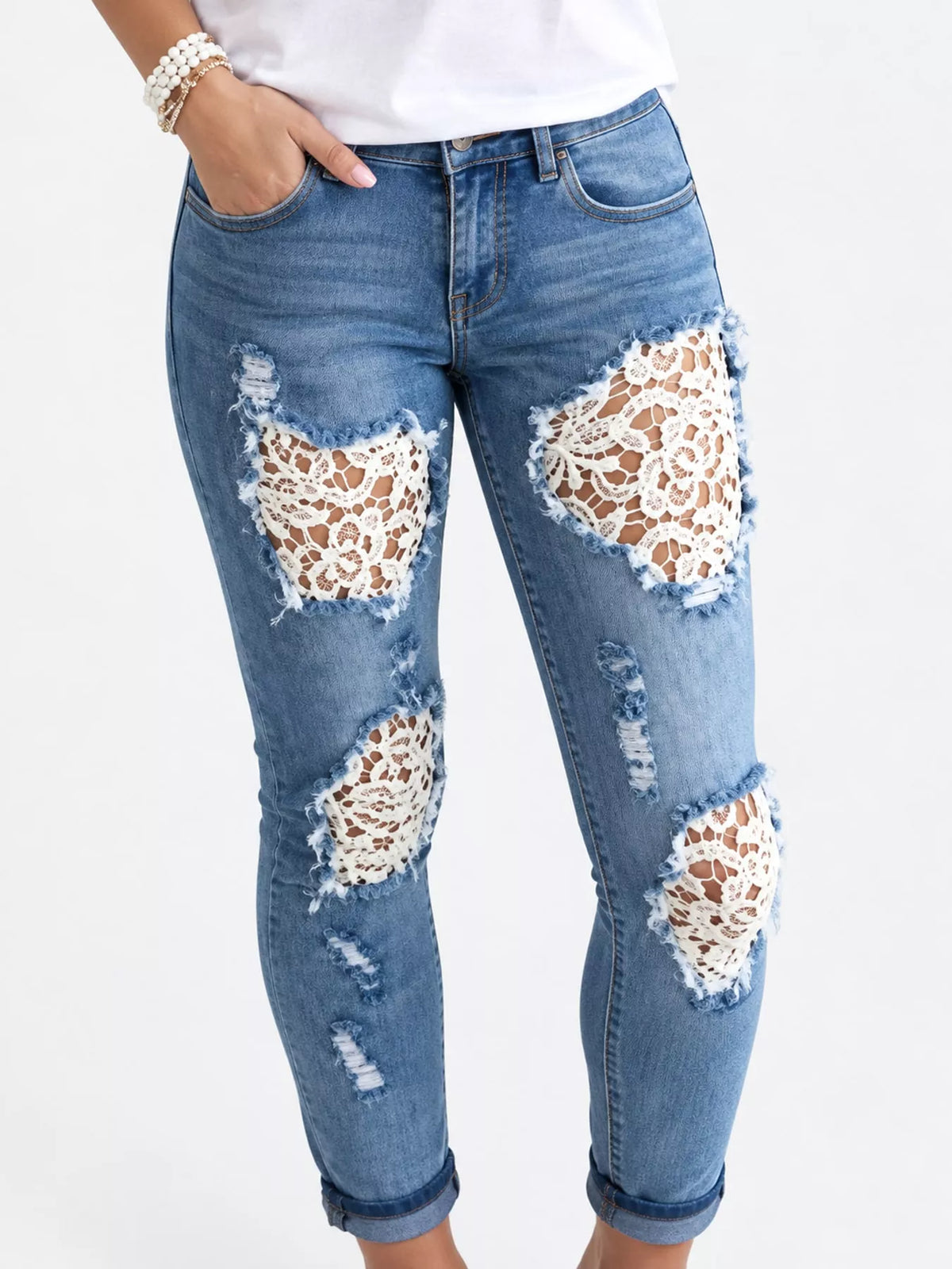 Distressed Lace Skinny Jeans in Blue