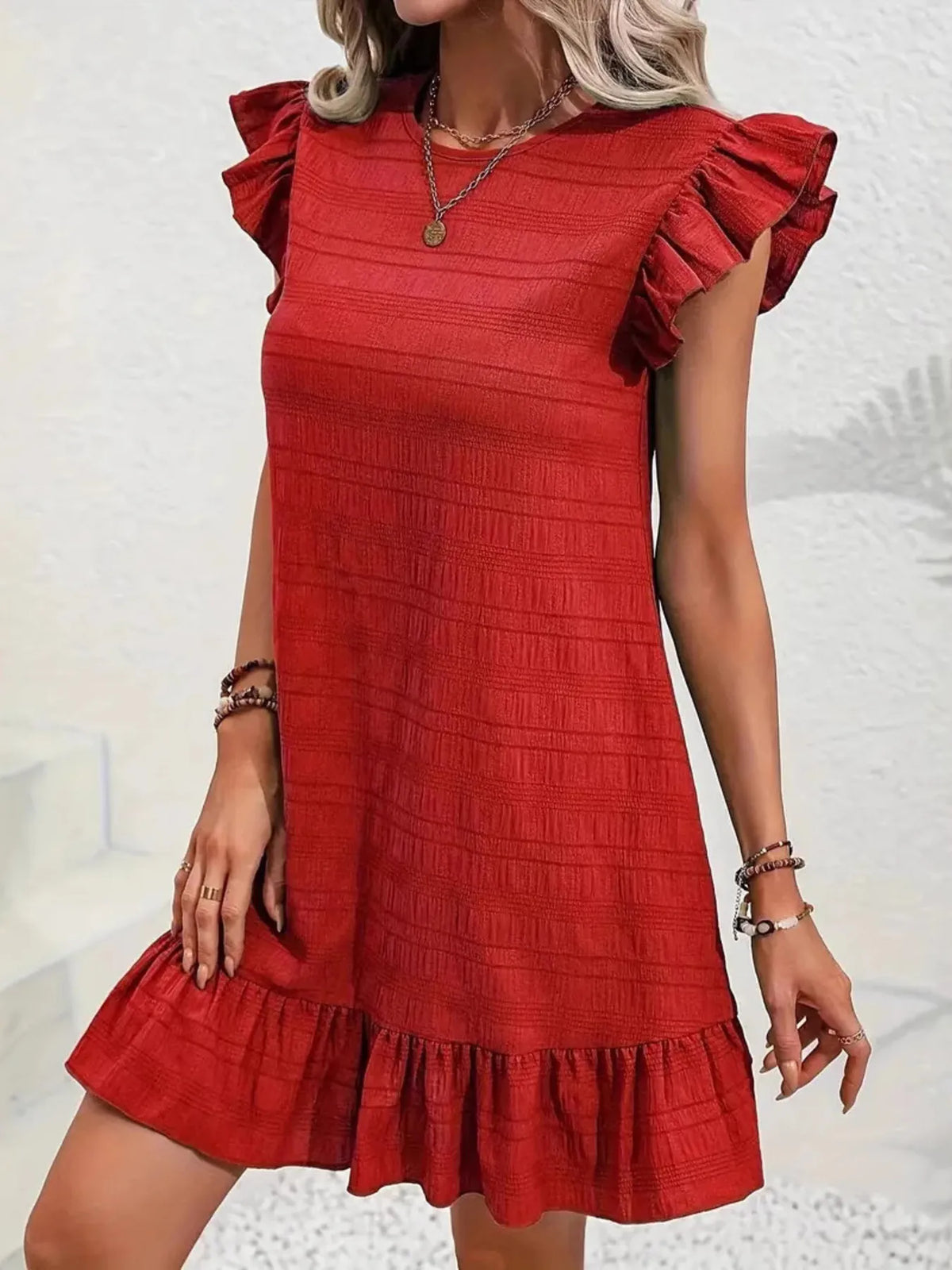 Ruffled Flutter Sleeve Textured Mini Dress