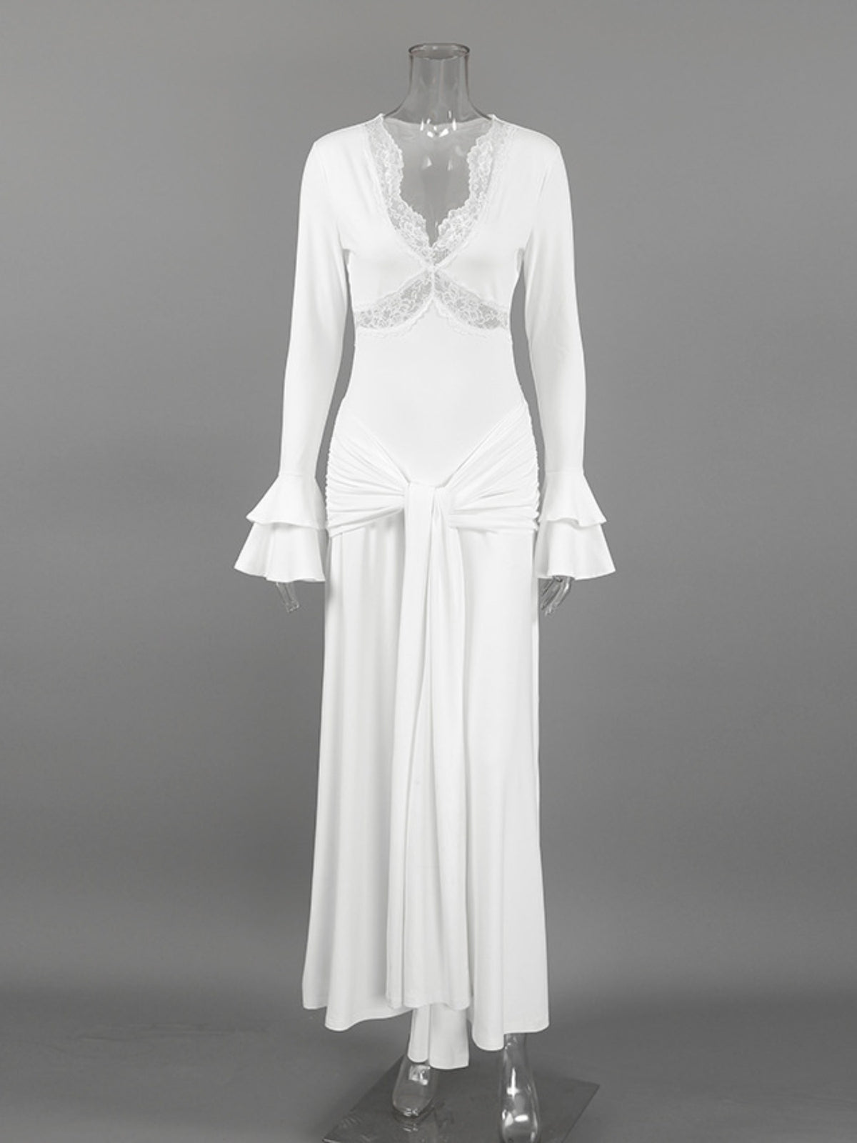 Lace Trim Long Sleeve Maxi Dress in White