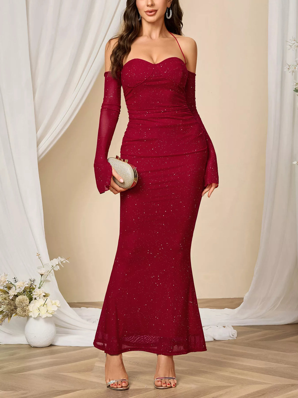 Glitter Sweetheart Neck Maxi Dress in Wine Red