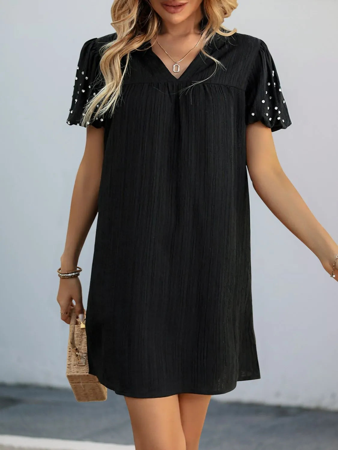Textured V-Neck Mini Dress in Black