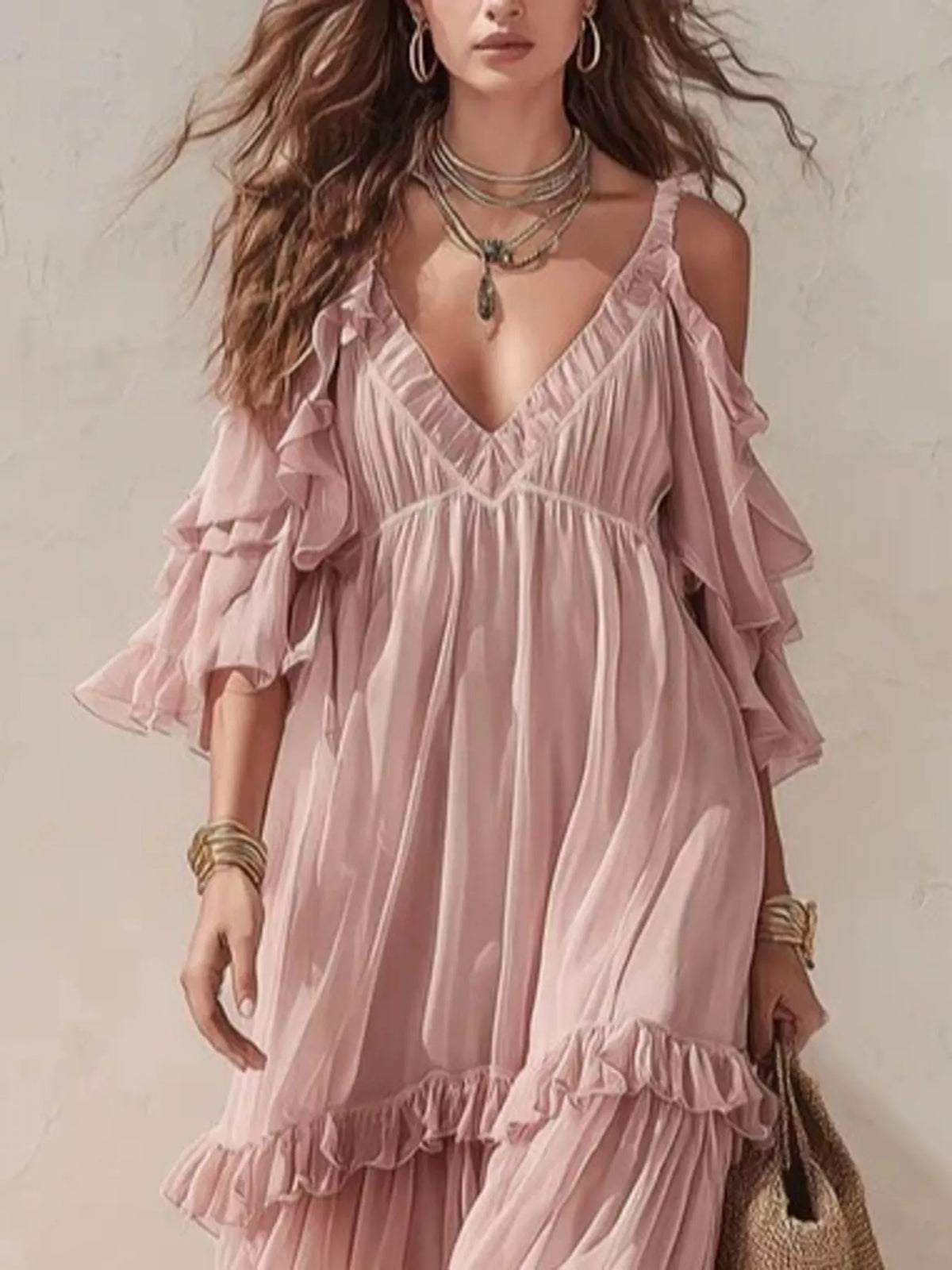 Cold-Shoulder Ruffled Maxi Dress in Dusty Pink by Yvette