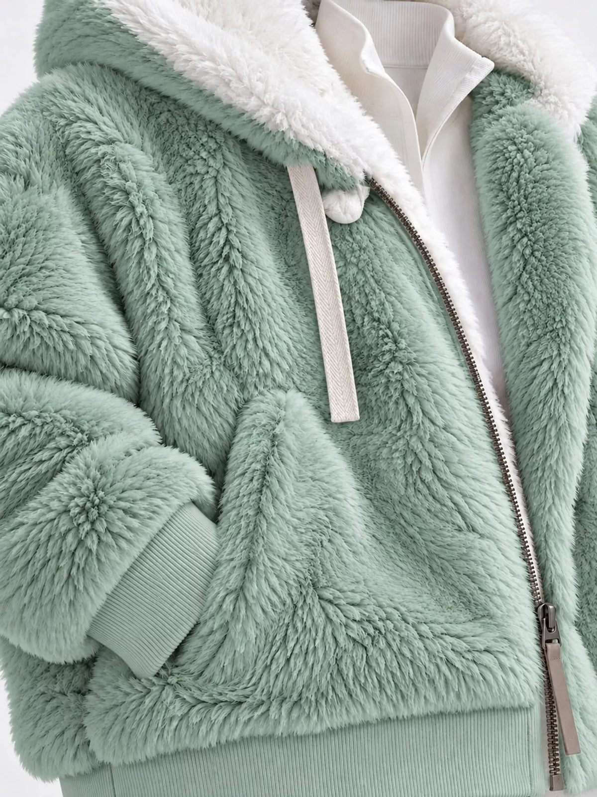 Faux Fur Hooded Zip-Up Jacket in White