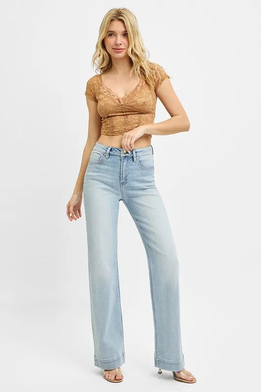 Risen High Rise Straight Leg Jeans in a Light Wash
