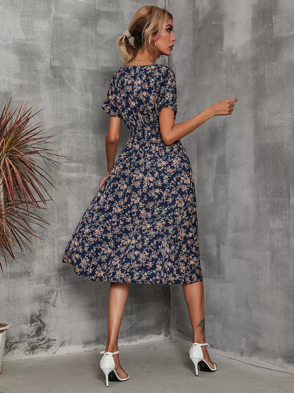 Smocked Printed Short-Sleeve Midi Dress