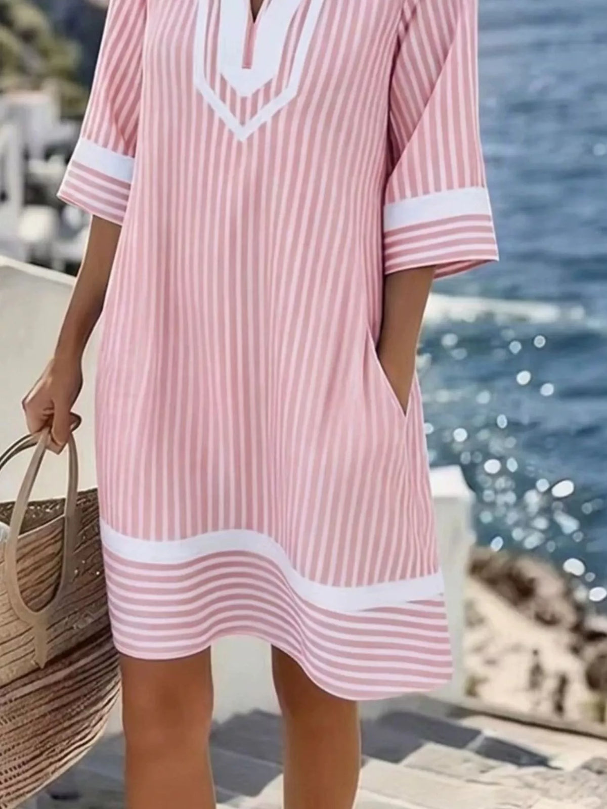 Striped V-Neck Pocketed Casual Dress
