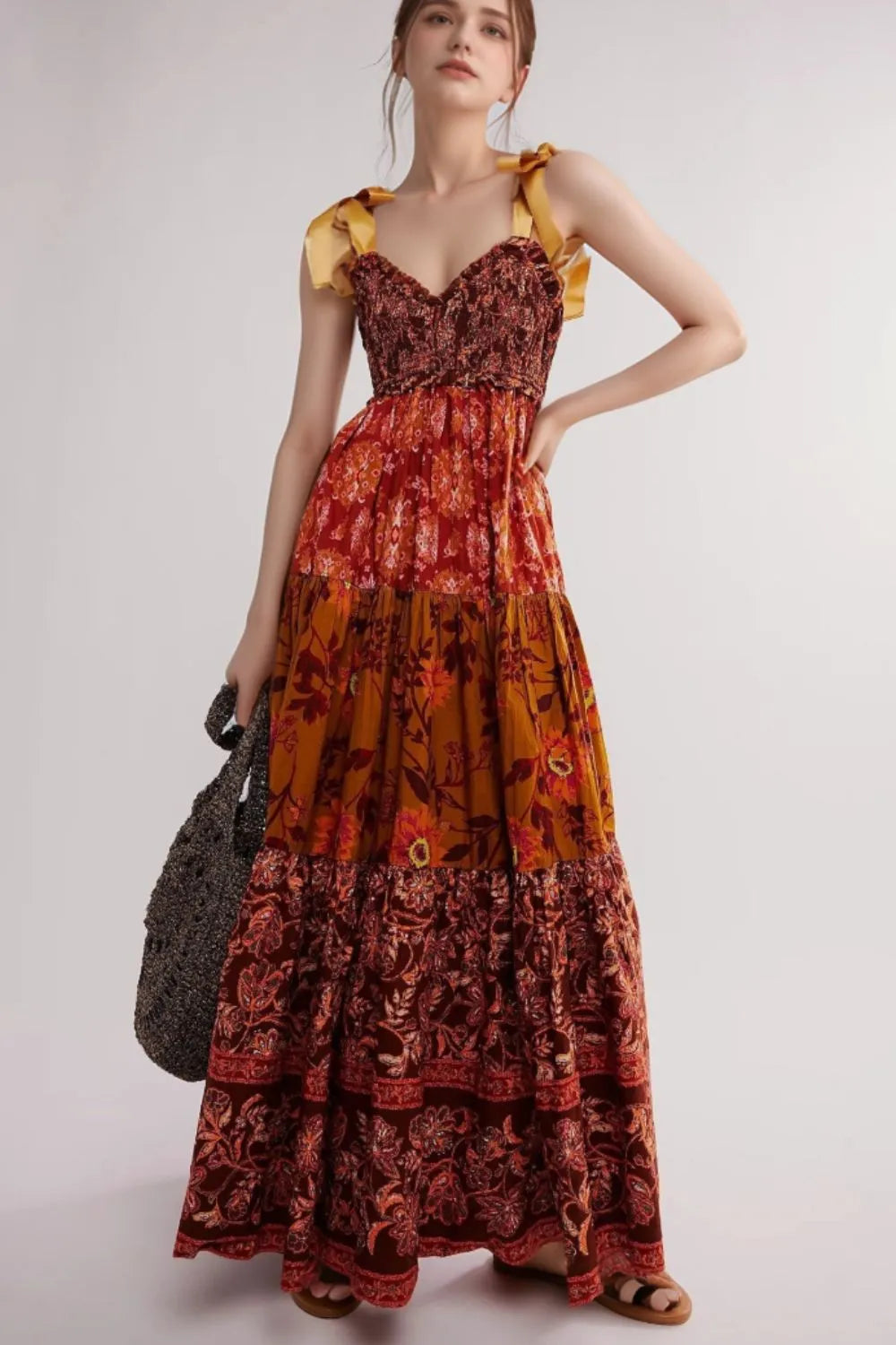 Floral Tiered Maxi Dress with Mixed Print