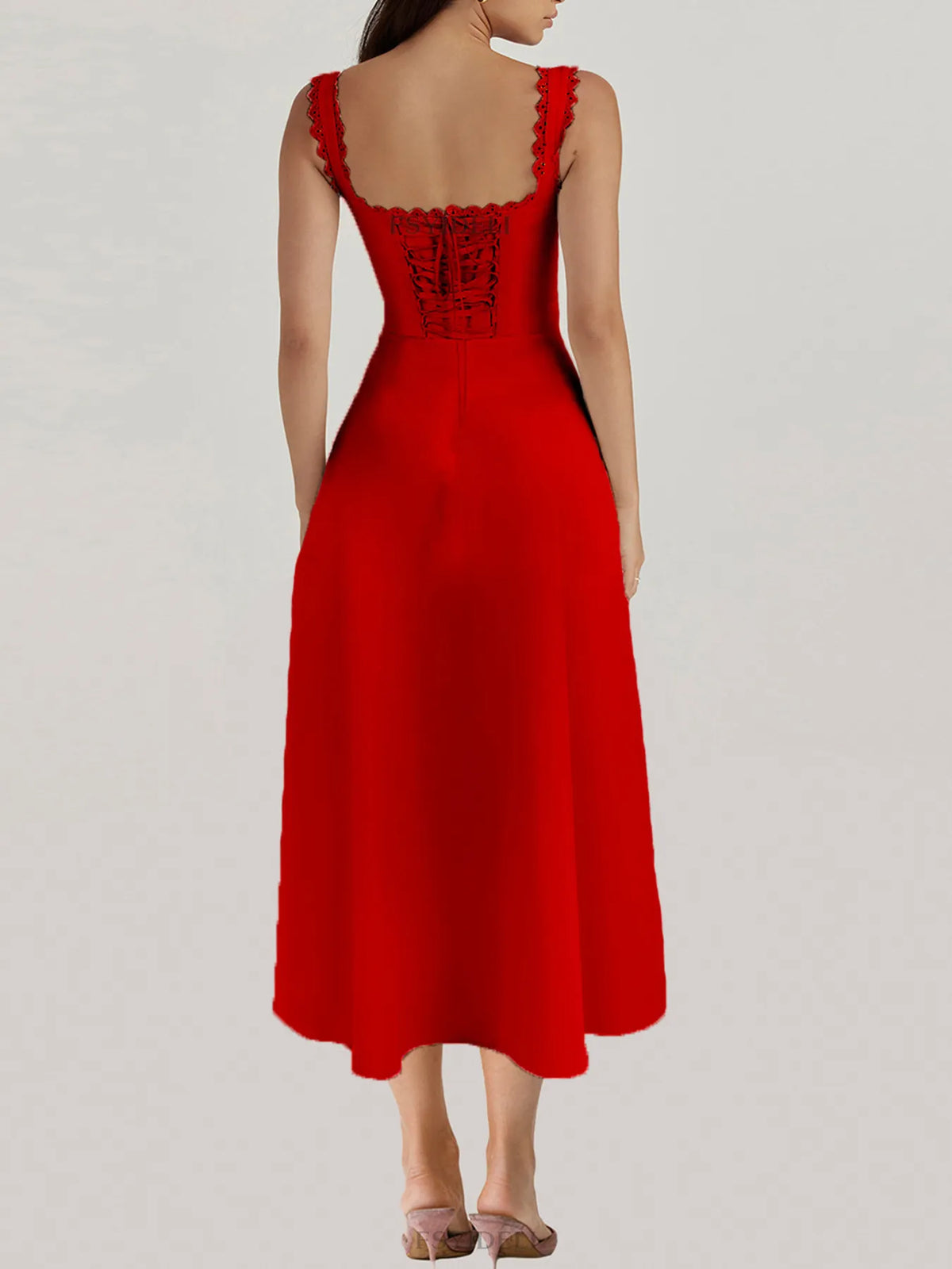 Scalloped V-Neck Lace-Up Midi Dress