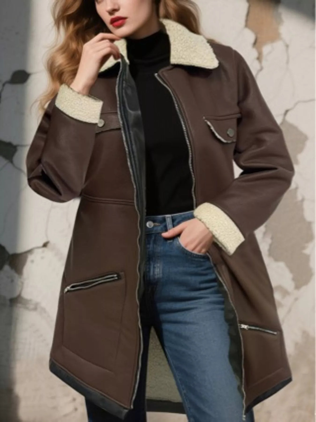 Zip-Up Sherpa Leather Jacket with Pockets