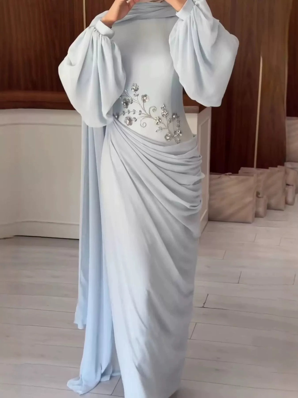 Long-Sleeve Rhinestone Ruched Maxi Evening Dress