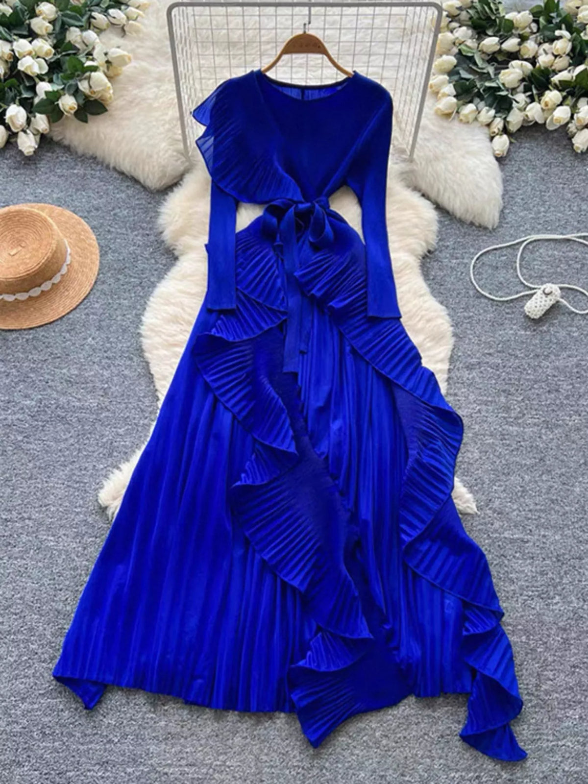 Ruffle-Trim Pleated Midi Dress