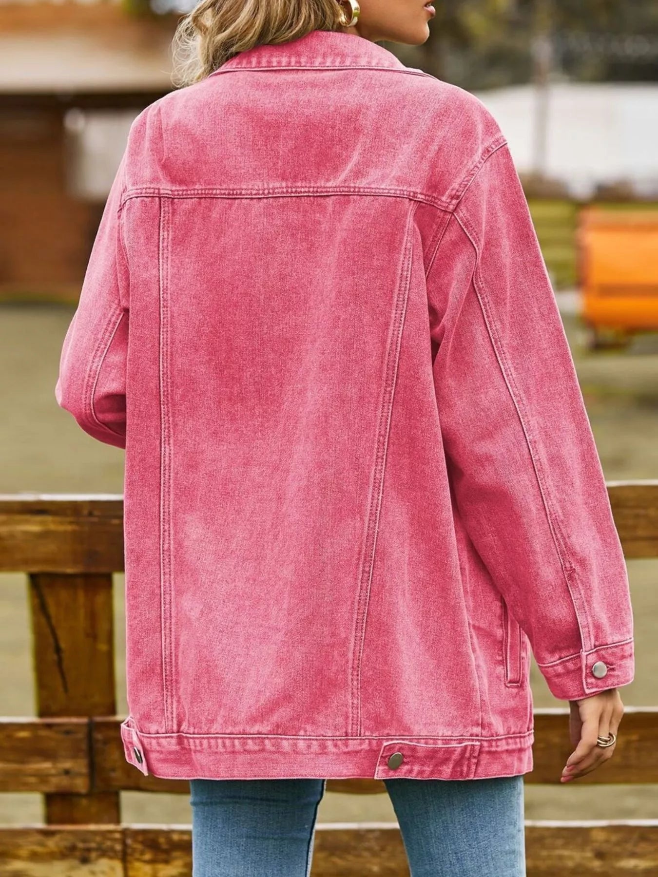 Button-Down Washed Denim Jacket in Hot Pink by Moni Wear