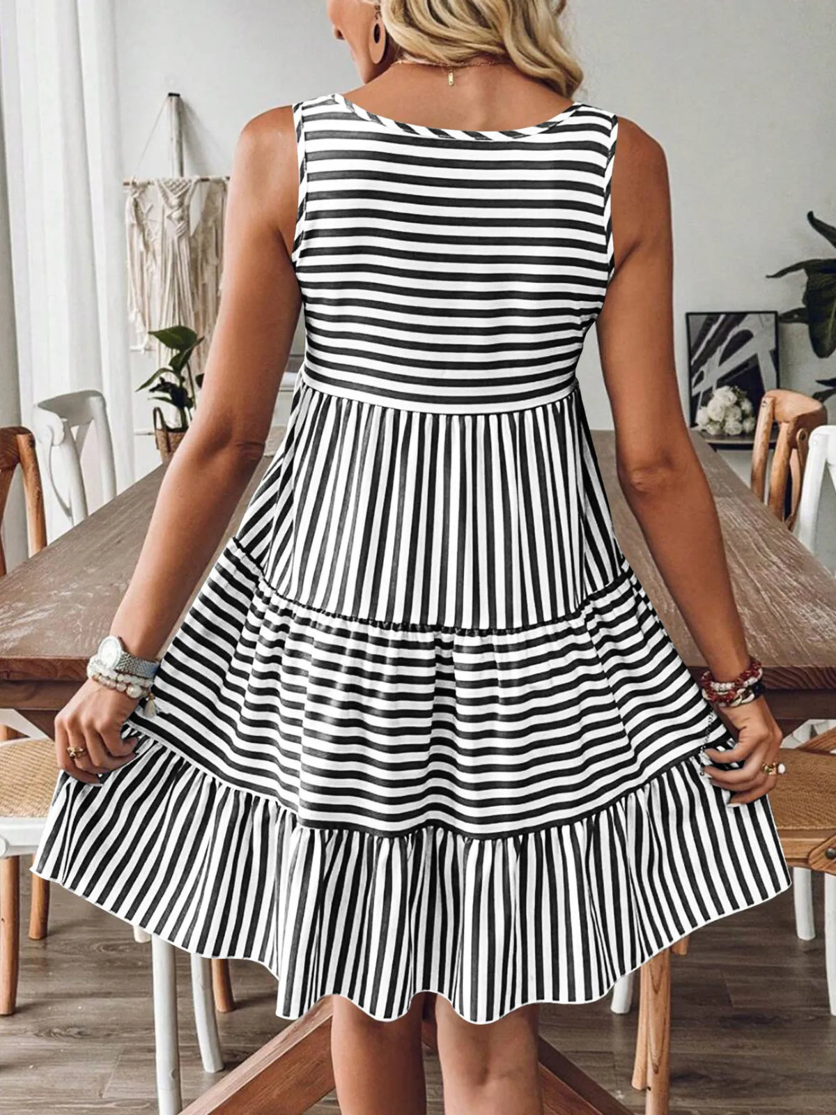 Striped Tiered Ruffle Tank Dress in Blue