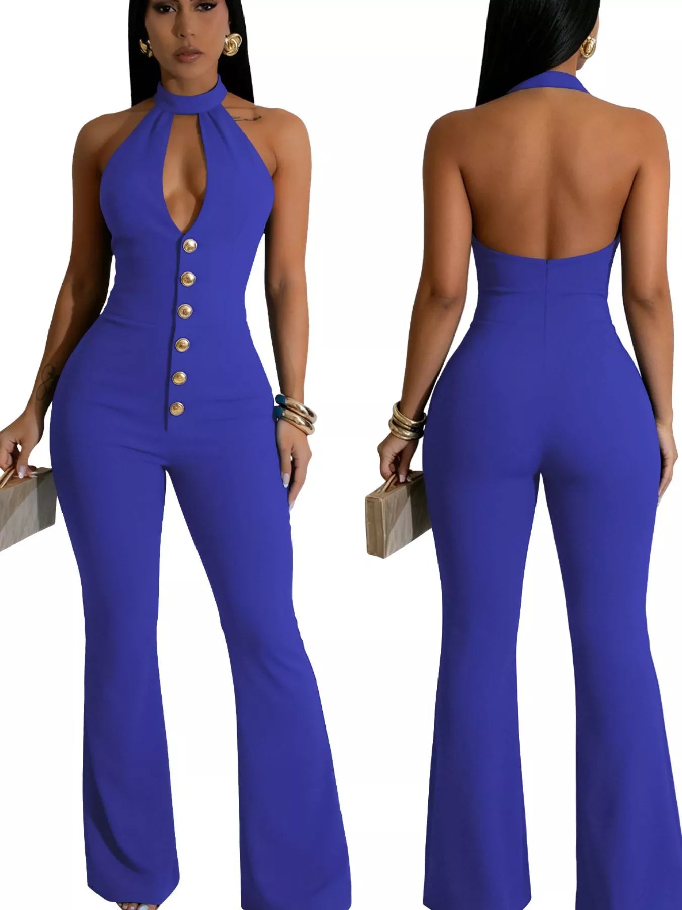 Halter Neck Cutout Flare Jumpsuit