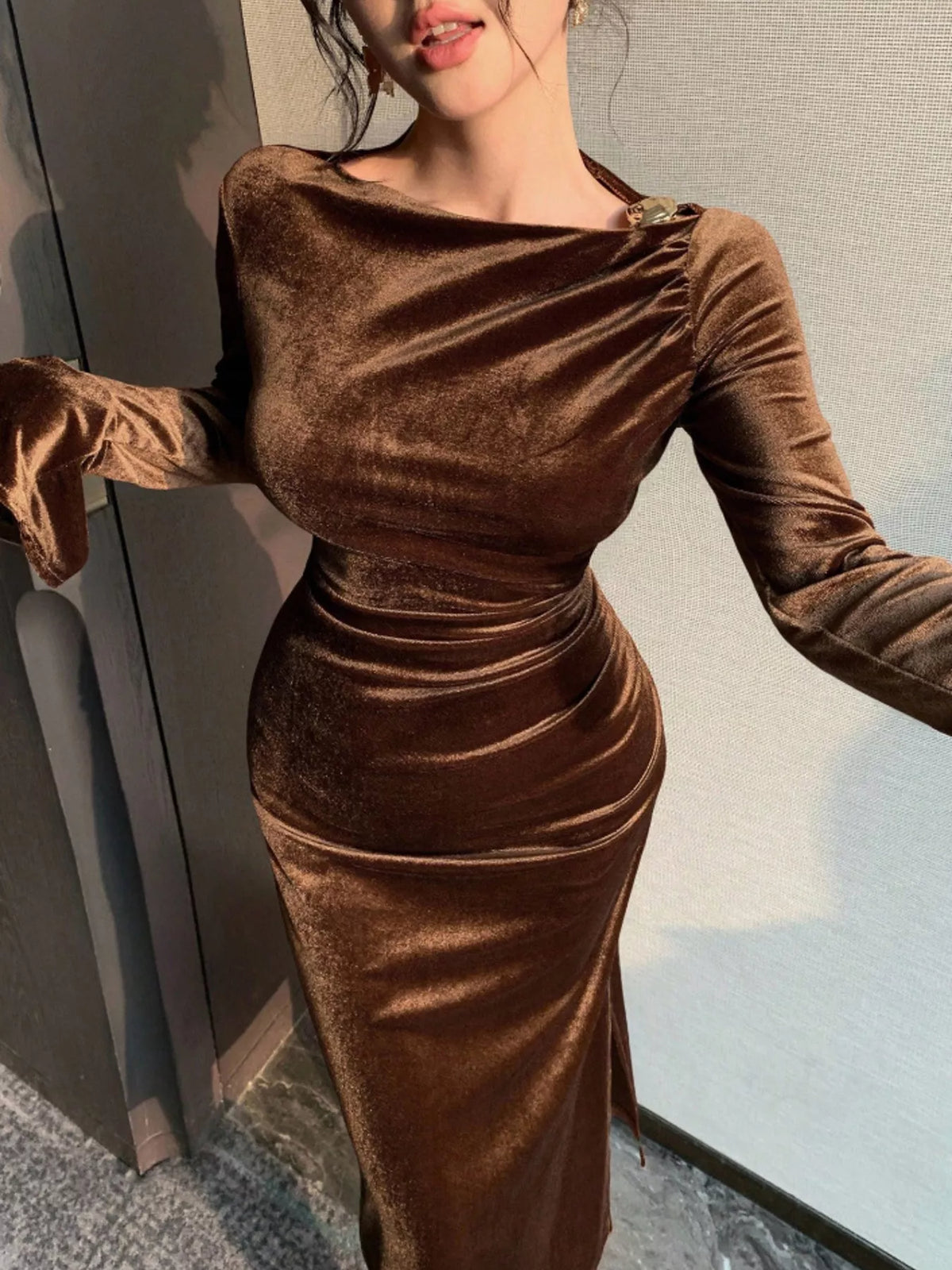 Velvet Ruched Bodycon Midi Dress in Brown