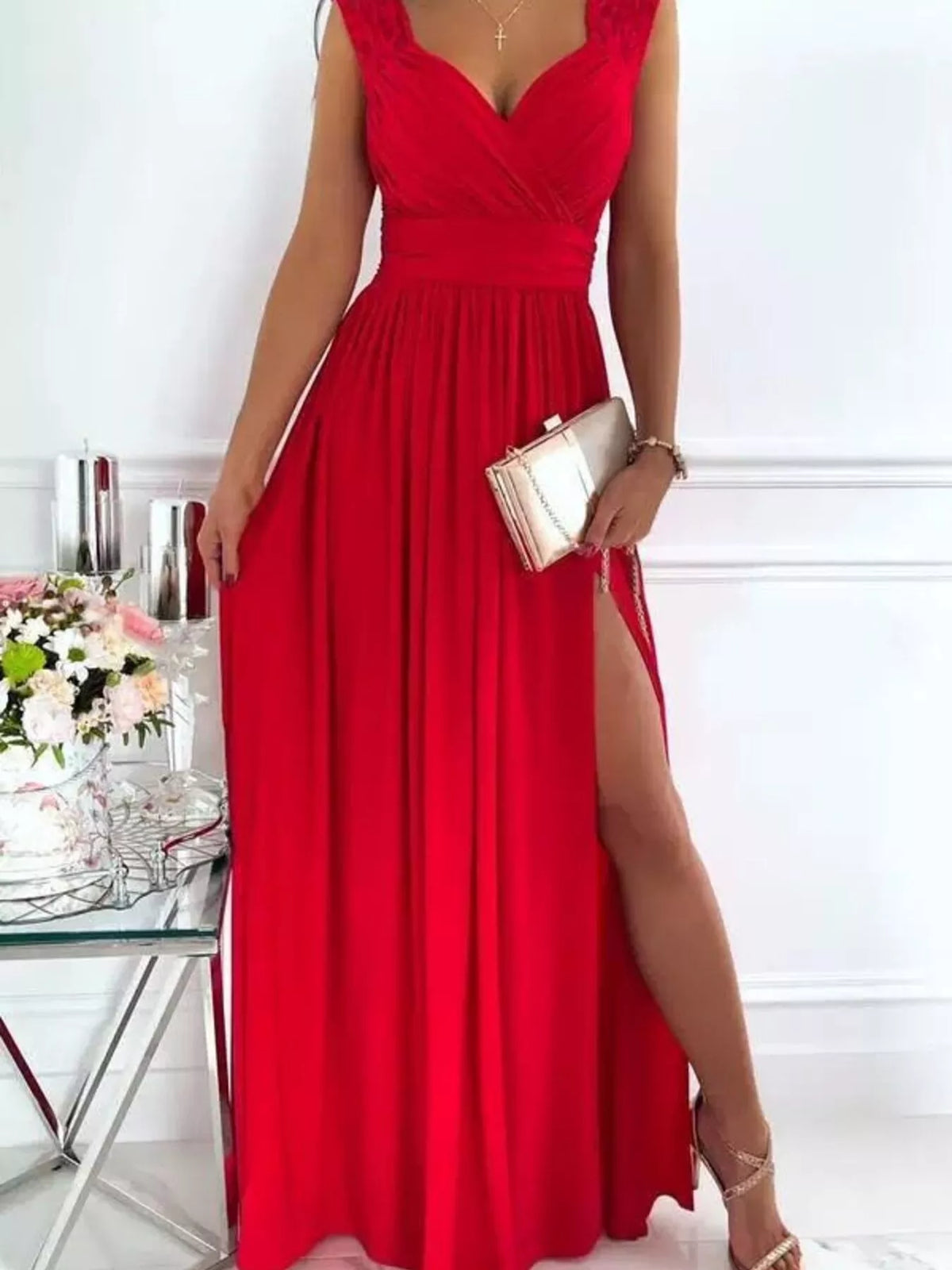 Lace Detail High Slit Maxi Dress