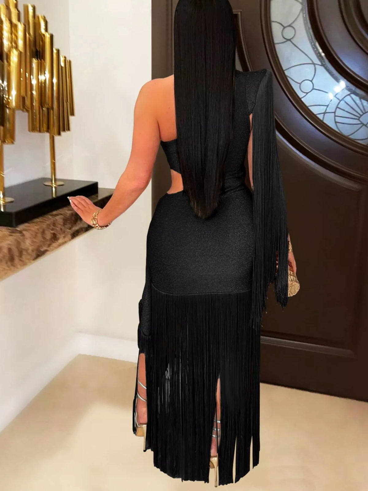 One-Shoulder Cutout Fringe Bodycon Dress