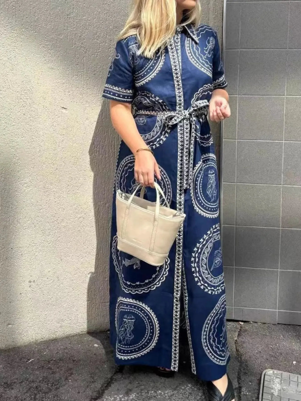 Printed Button-Front Maxi Shirt Dress with Belt in Blue