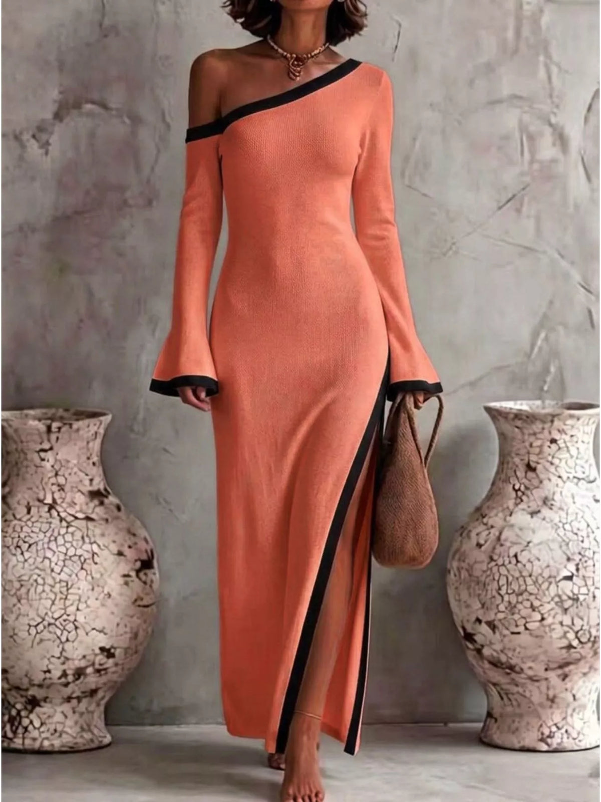 One-Shoulder Contrast Trim Maxi Dress