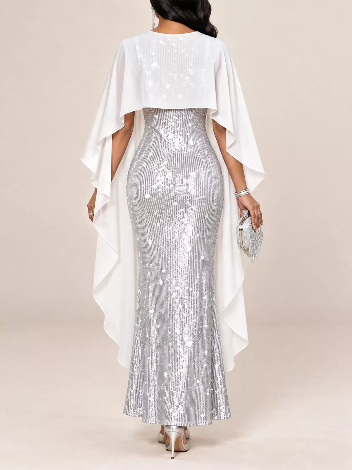 Sequin Cape-Overlay Evening Dress