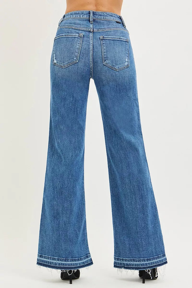 Risen High Rise Wide Leg Jeans with Released Hem in Medium Wash