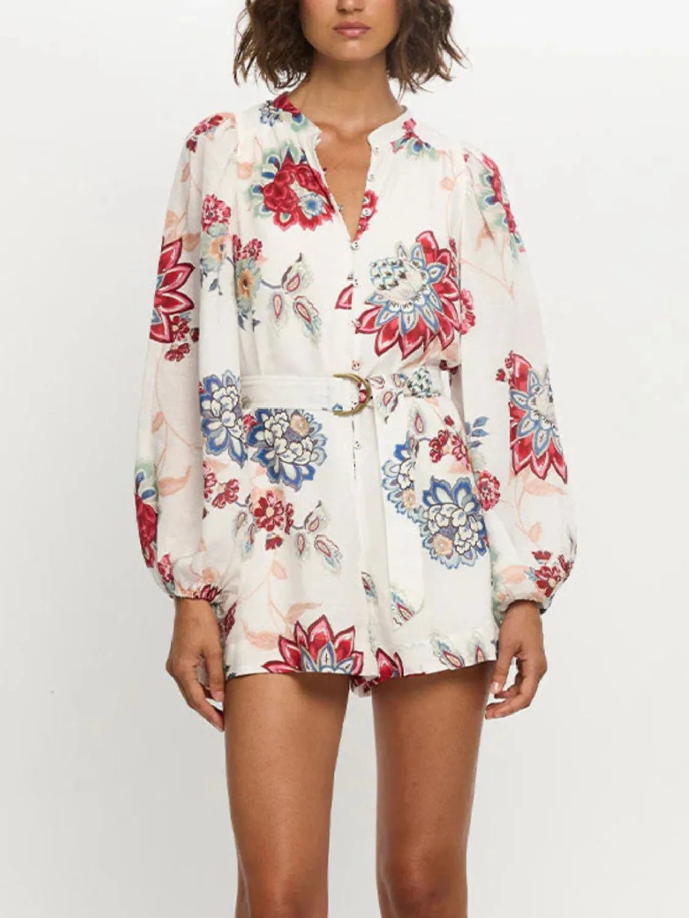 Floral Print Long-Sleeve Romper in White