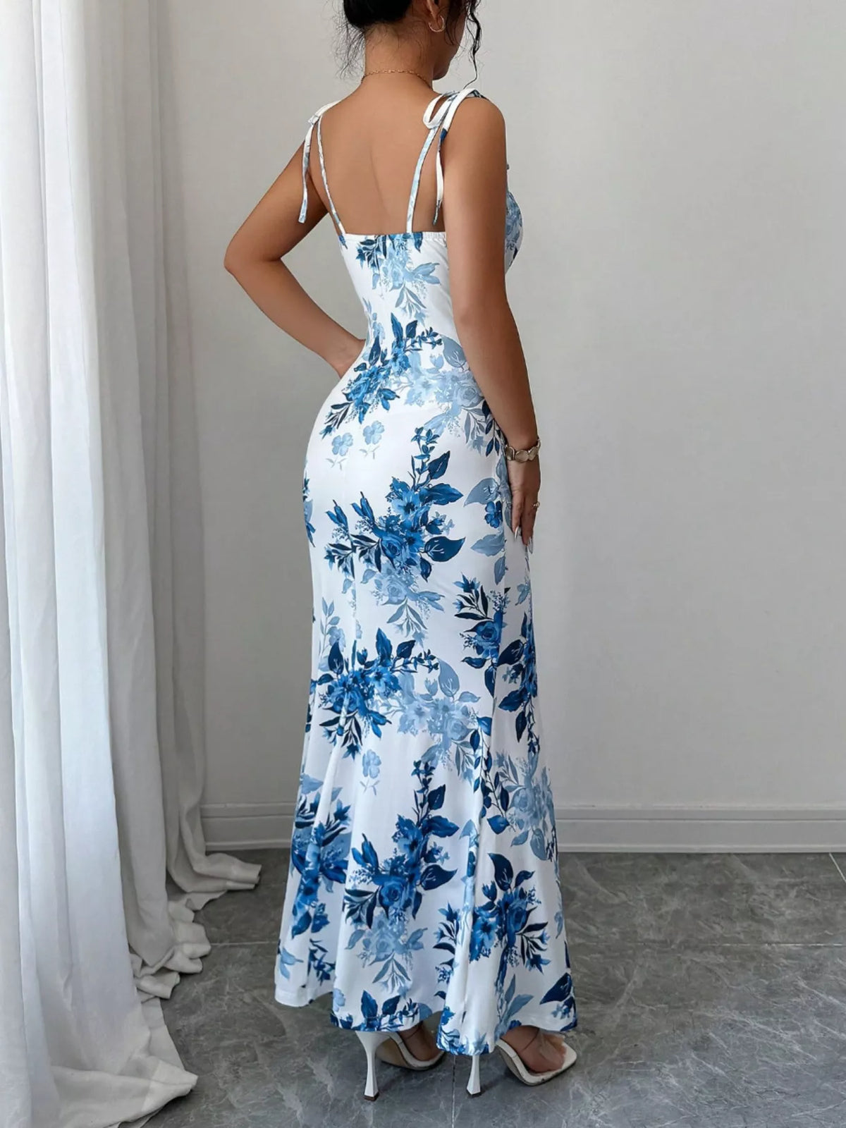 Printed Tie Strap Maxi Dress with Slit