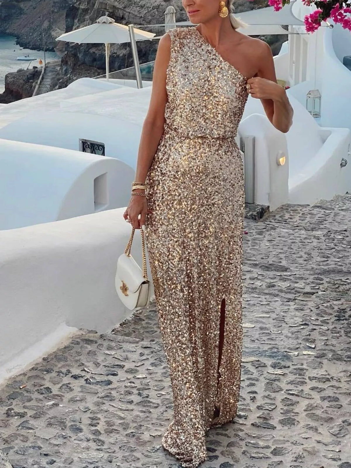 Sequin One-Shoulder Maxi Dress in Beige