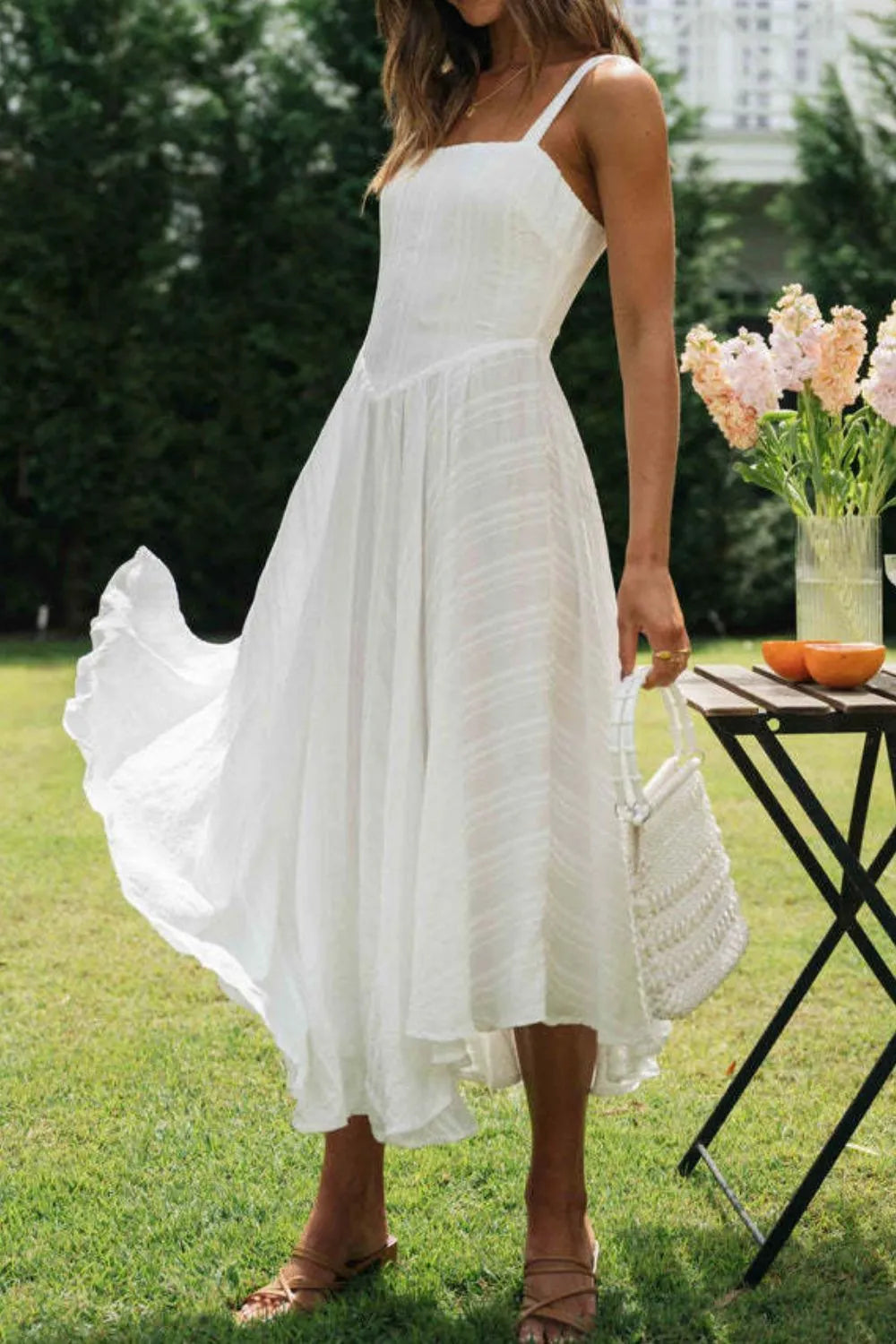 Square Neck Midi Cami Dress in White