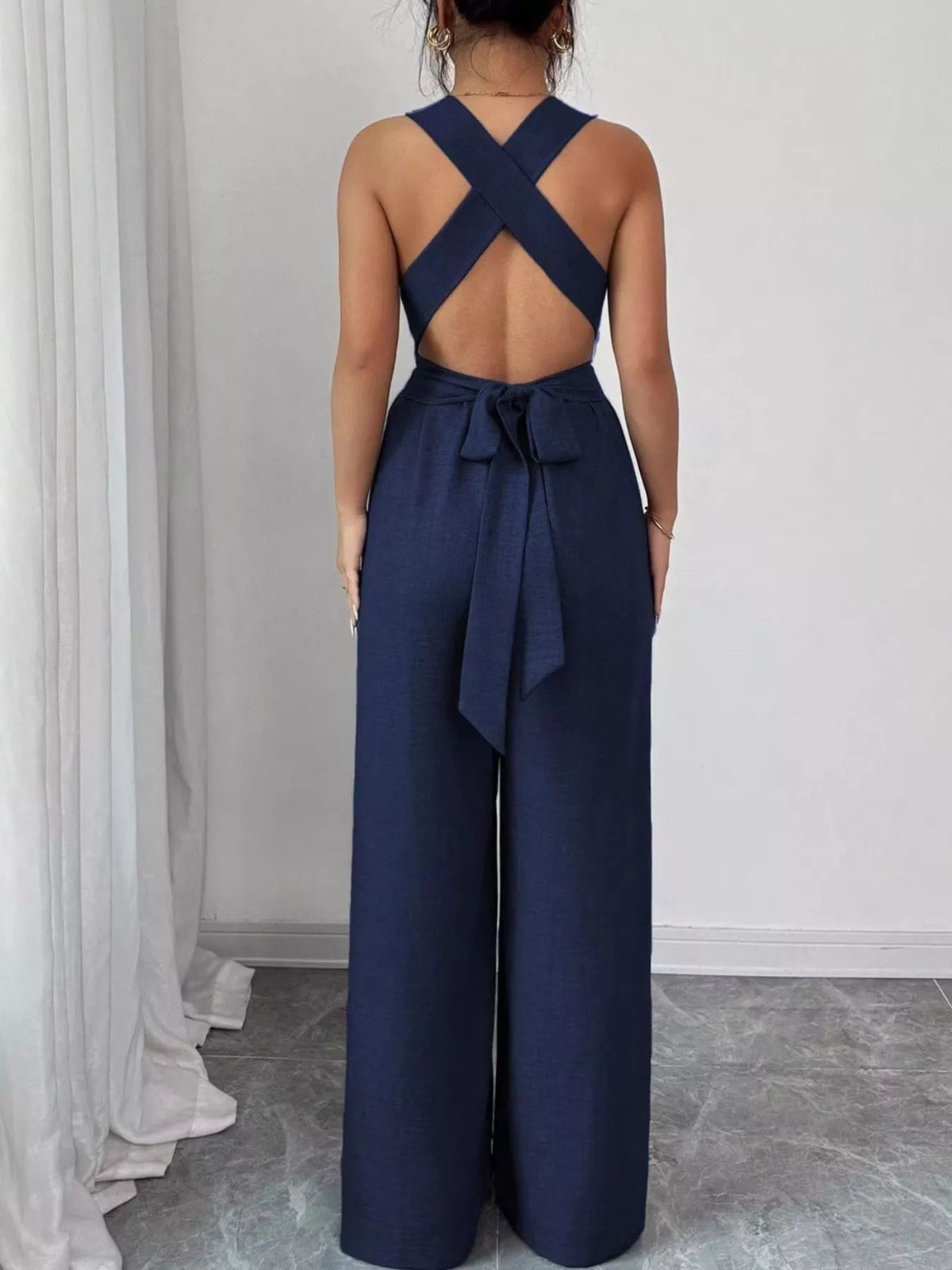 Sleeveless V-Neck Wide-Leg Jumpsuit with O-Ring Detail