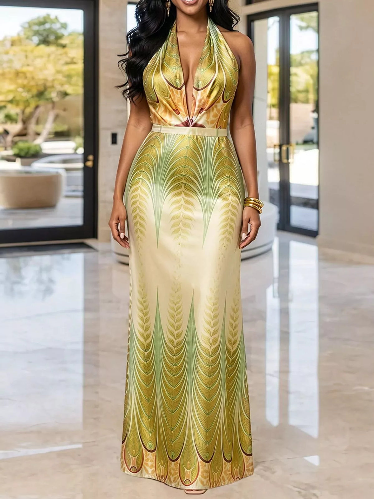 Halter Neck Maxi Dress with Gradient Leaf Print in Yellow-Green