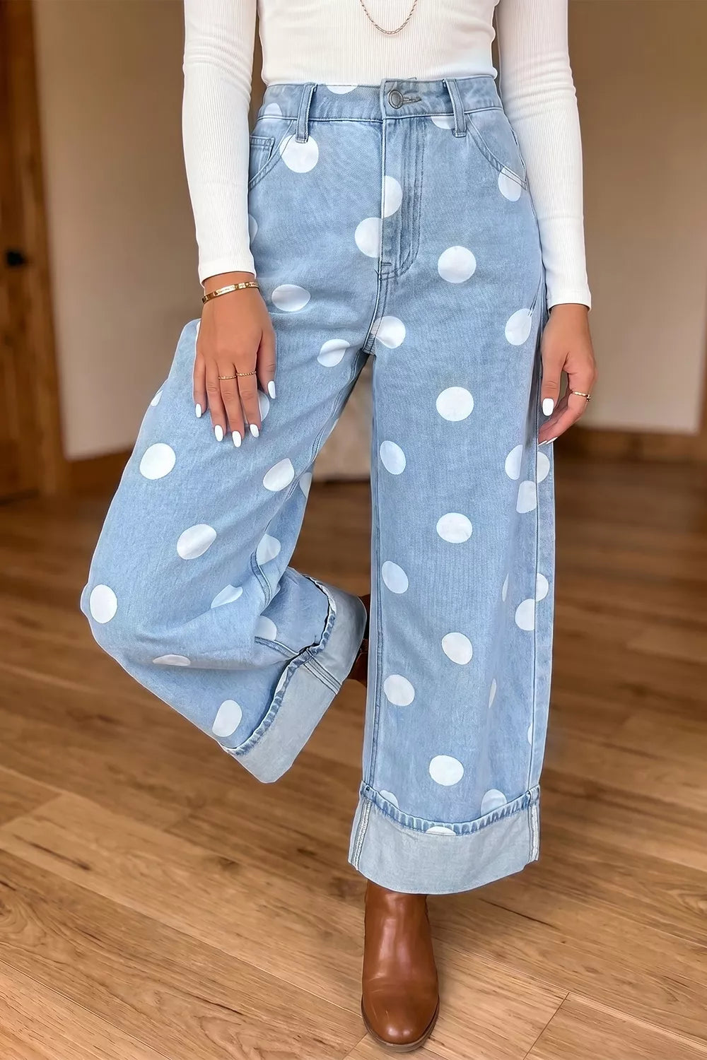 Polka Dot Metal-Button Ankle Jeans in Light Blue