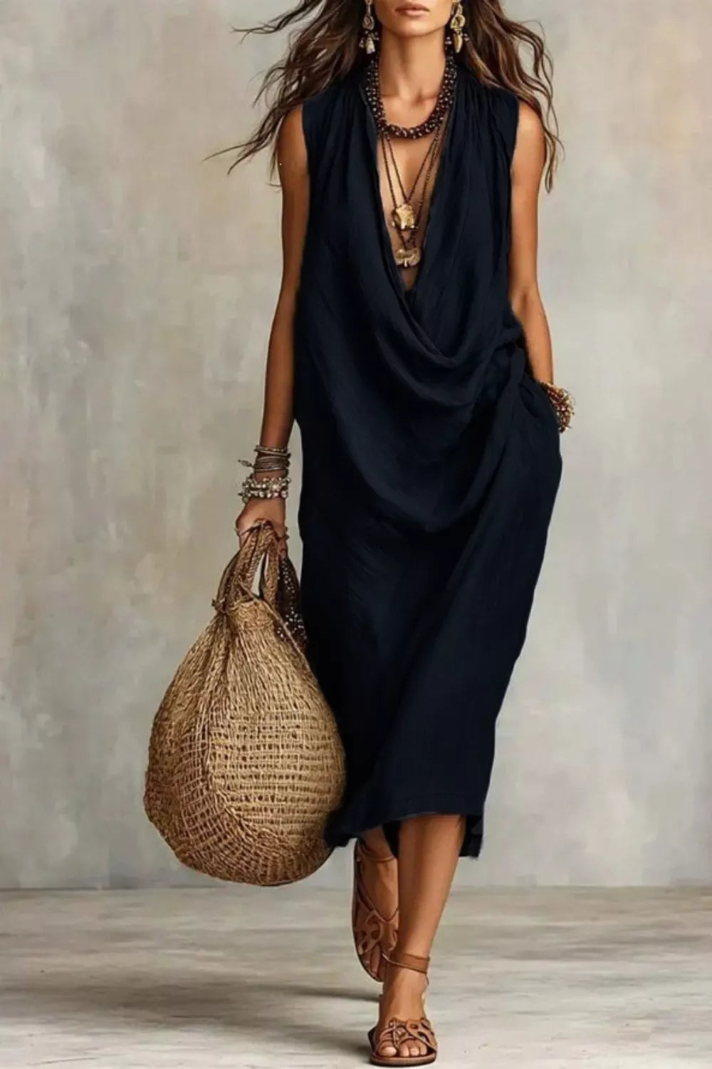 Sleeveless Drape-Neck Midi Dress with Pockets