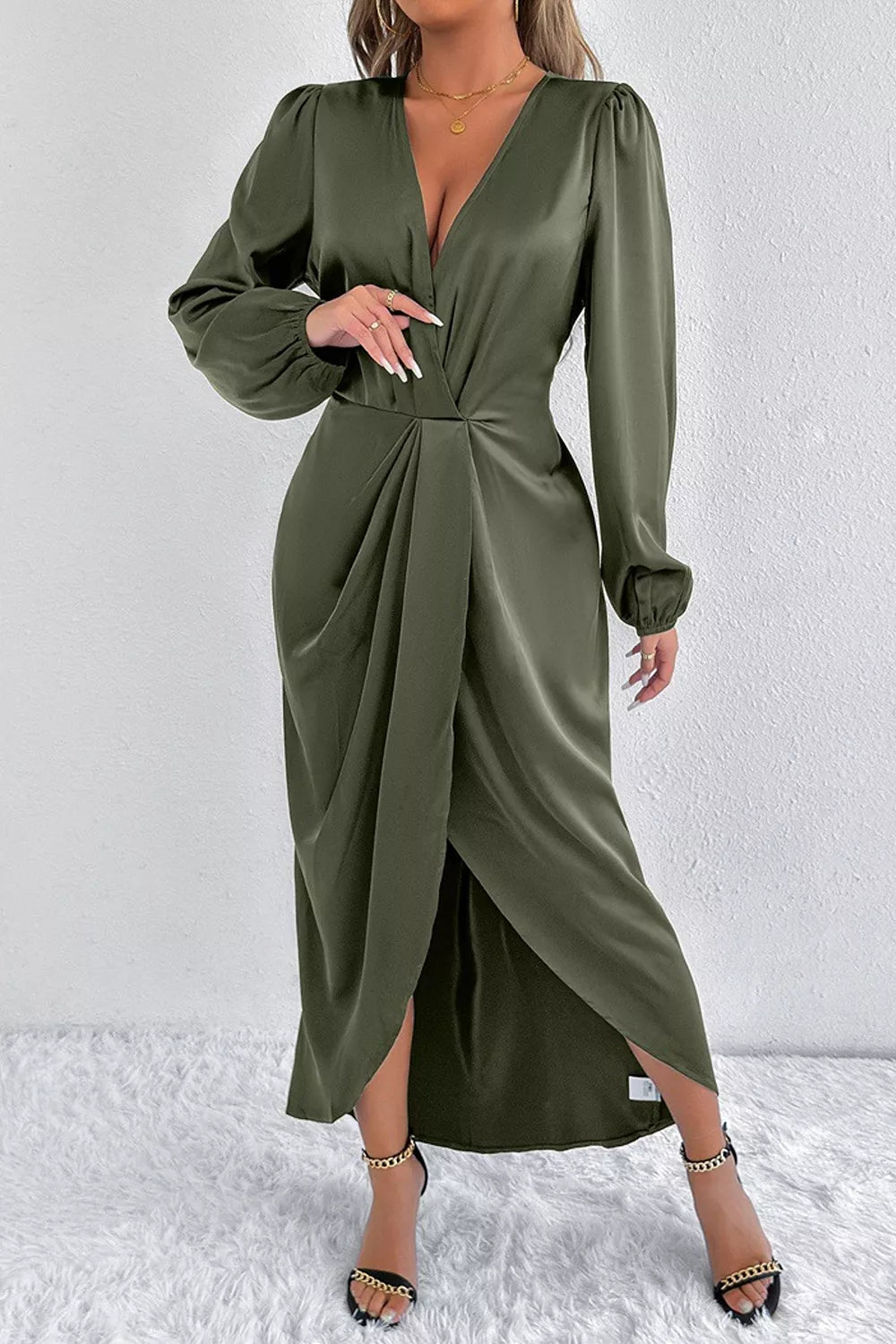 Satin Balloon Sleeve Midi Dress with Side Split