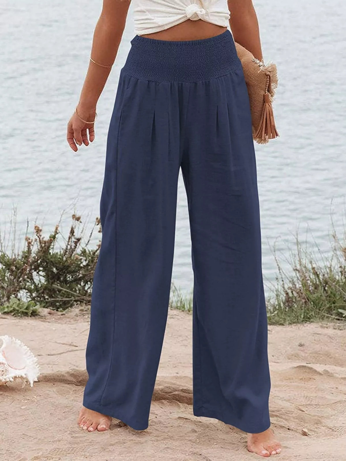 Smocked High-Waisted Wide Leg Pants