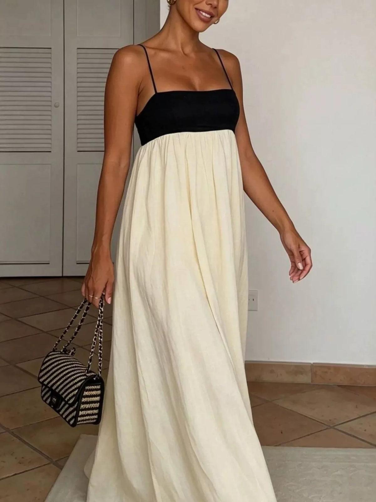 Sleeveless Two-Tone Maxi Dress in Beige